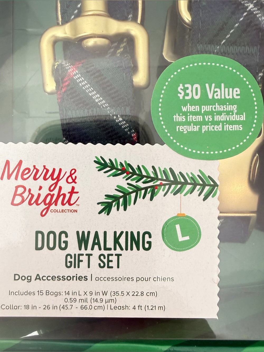 Merry & Bright Dog Walking Gift Set For Large Dog. Matching Green Plaid